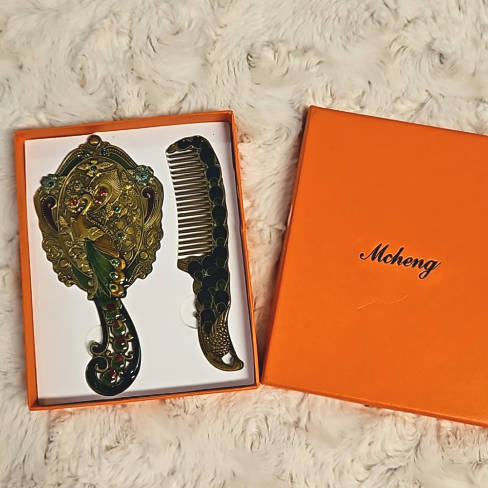Peacock hand mirror comb vanity set enamel rhinestones hair accessories decor - Picture 2 of 7